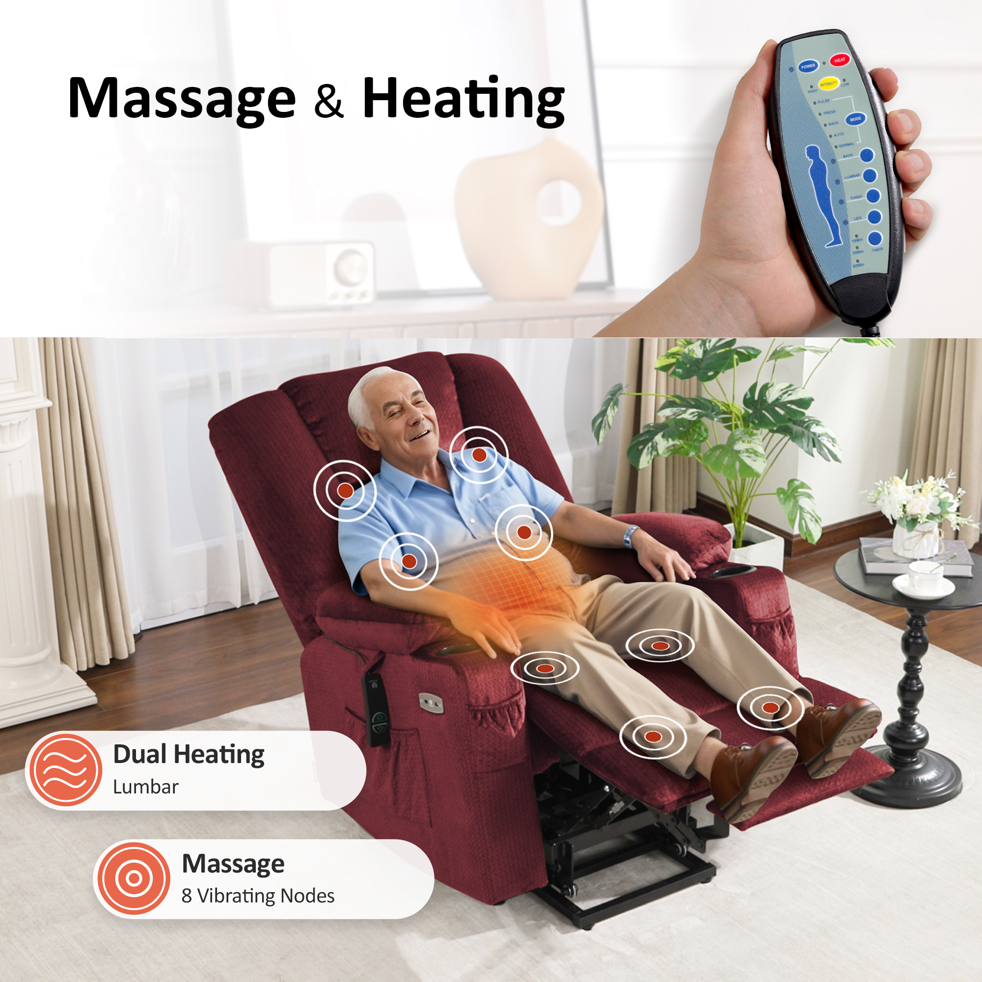 MCombo Large Power Lift Recliner Chair Sofa with Massage and Heat for Elderly People, Extended Footrest, Hand Remote Control, Lumbar Pillow, USB Ports, Fabric 7549 (Large, Burgundy)