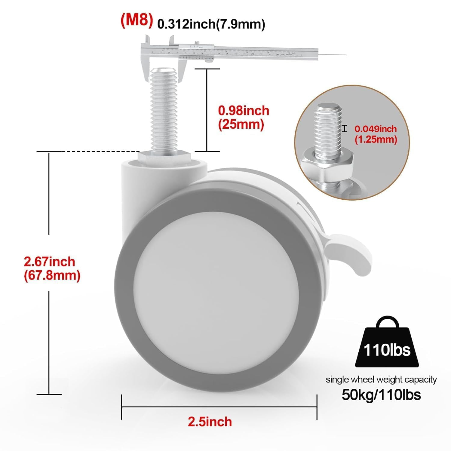 Lockable Stem Caster Wheels Set of 4, Metric M8 Nylon Threaded Swivel Caster, 2.5 Inch Stem Casters Replacement for Standing Desk & Mobile Desk, Each Load Capacity 110lbs, White