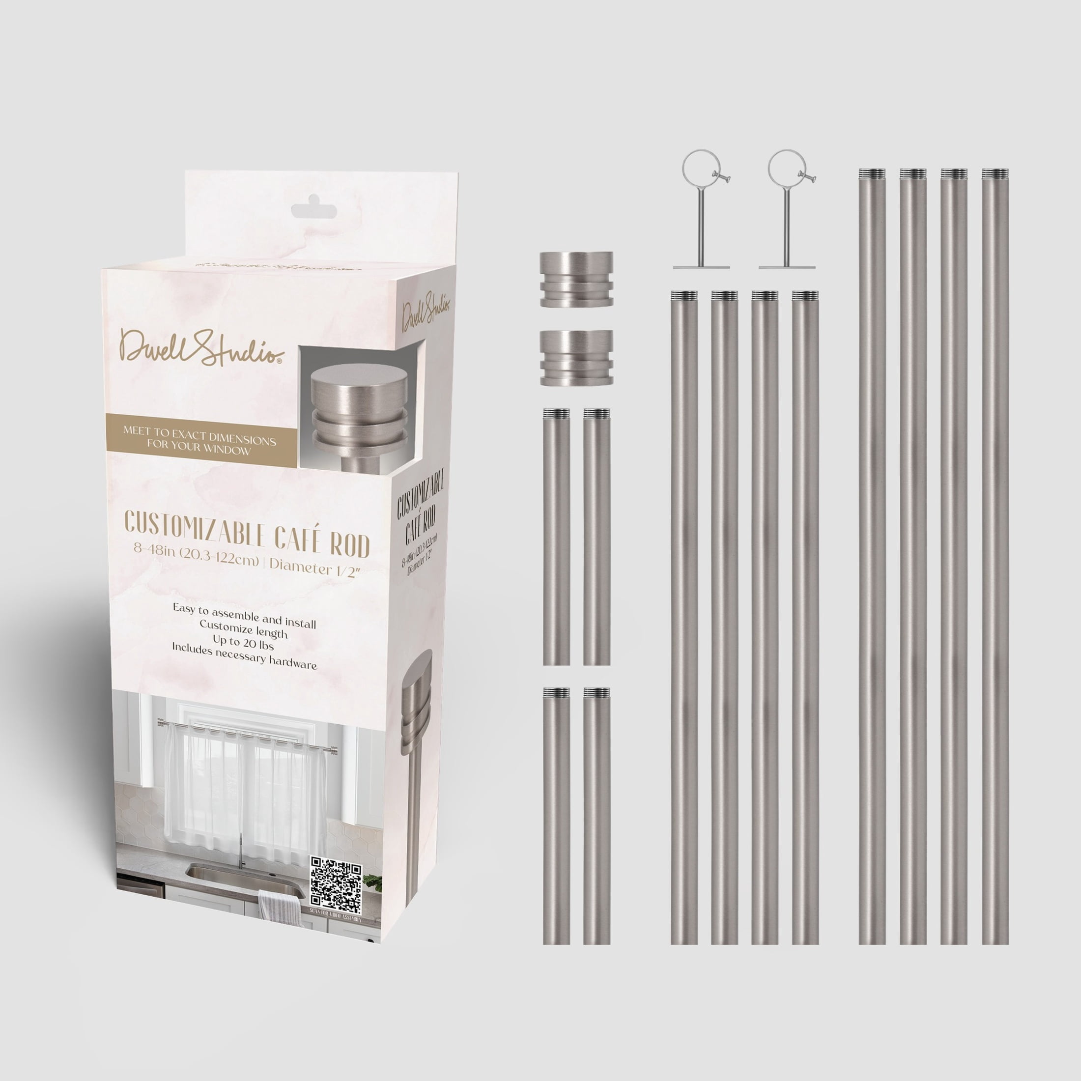 Dwell Studio, Cutomizable Café Rods, 1/2" Iron Material, 8 inch-48 inch Kit, Plated Brushed Nickel
