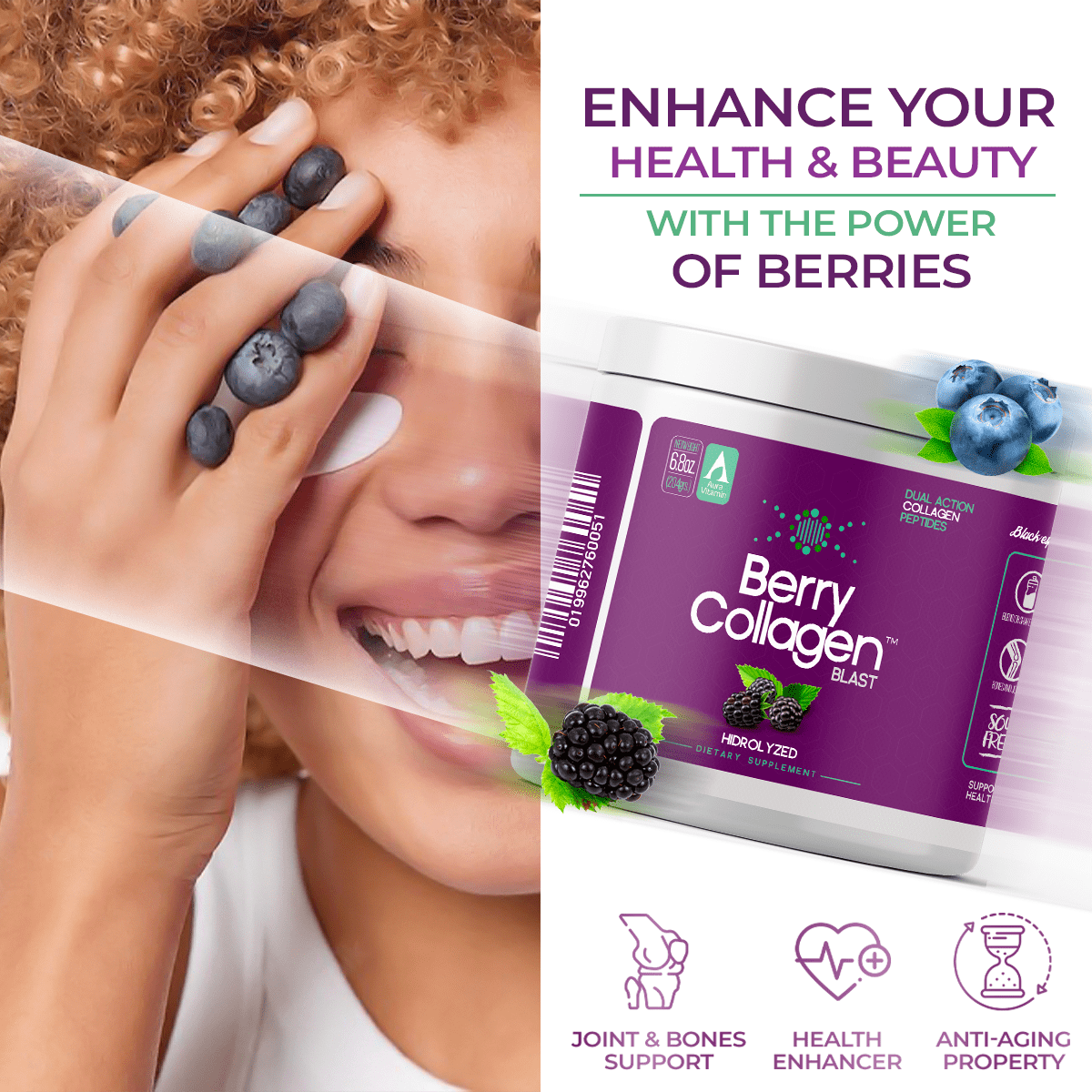 Berry Collagen Blast Powder Hydrolyzed (2) |Premium Blend Grass-fed - Soy Free | Dual Action Collagen Peptides | Support Bones and Joints | Blueberry & Blackberry | IGEN GMO - 204 Grams