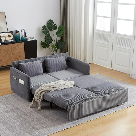 Newest 64.5 Inch Sleeper Sofa Bed 3-in-1 Adjustable Sleeper with Pullout Bed 2 Pillows and Side Pockets Soft Corduroy Convertible Sleeper Sofa Bed for Living Room Bedroom Apartment Office