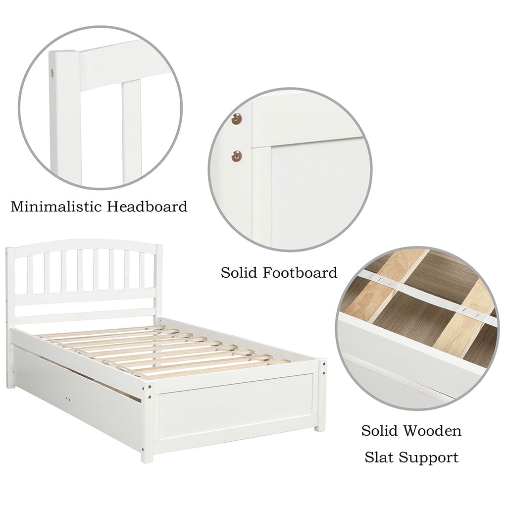 Home Twin Platform Storage Bed Wooden Slatted Bed Frame with 2 Drawers and Headboard White
