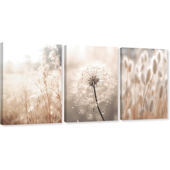 ZHONGYUTONG 3 Piece Dandelion Canvas Wall Art Beige Floral Picture Neutral Flower Painting Reed Grass Print for Bathroom Decor Framed (11.00" x 14.00" x 3PCS)