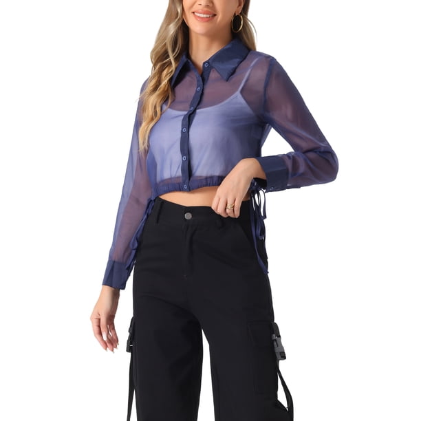 CAMISA DE MANGA LARGA TRANSPARENTE CON CUELLO PUNTA Y BOTONES PARA MUJER INSPIRADA CHIC TALLA L AZUL OSCURO