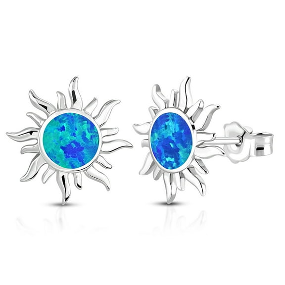 925 Sterling Silver Simulated Blue Opal Sun Stud Earrings