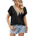 thumbnail image 2 of Women's Lace Crochet Trim V Neck Short Sleeve Shirt Colorblock Blouse Top Summer Casual Comfy Tunics Loose Fit Tshirts, 2 of 7