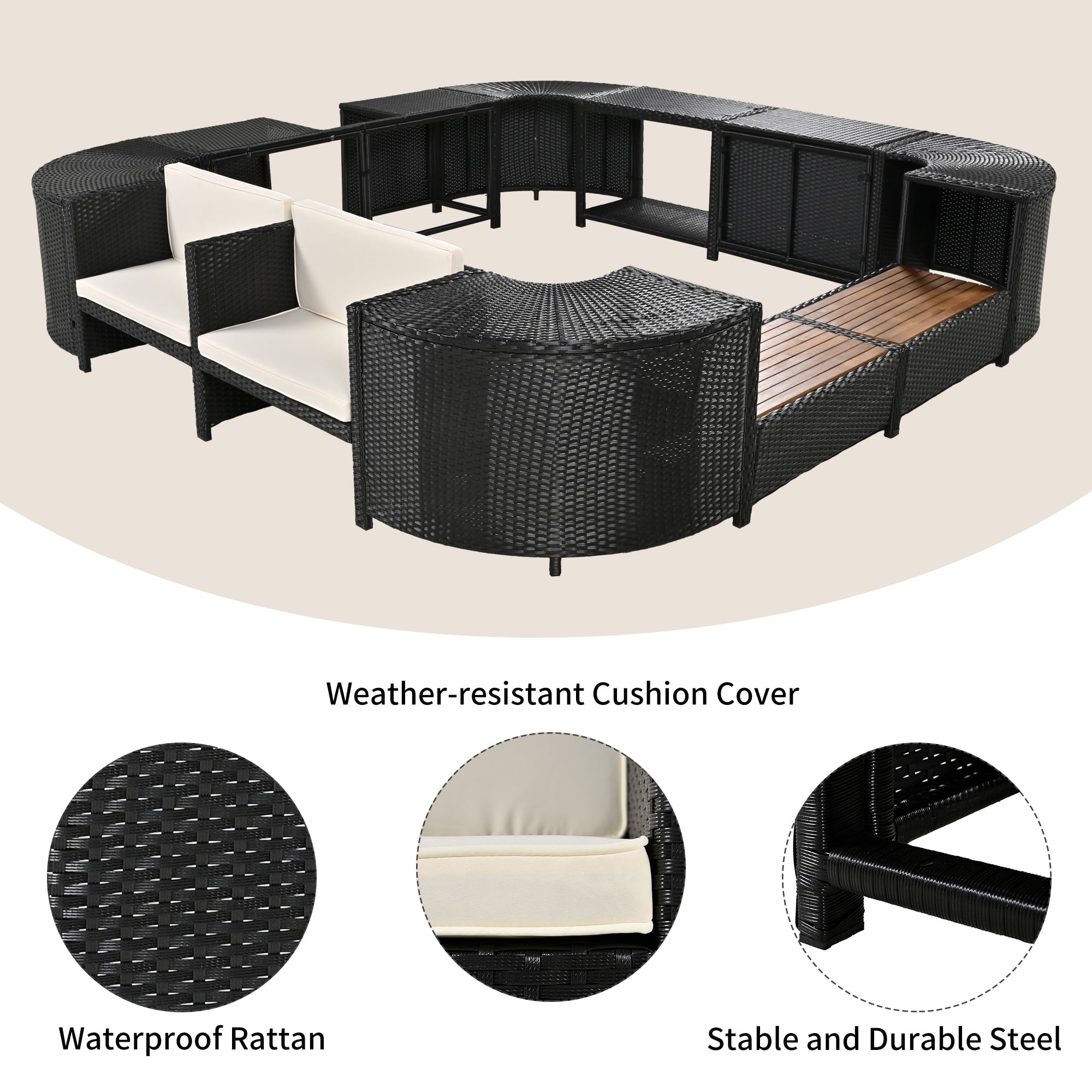Hot Tub Outdoor Rattan Furniture Set, Surround Outdoor Spa Sectional Sofa Frame, Loveseat with Beige Cushions, Wooden Bench, Storage Cabinet, Large Top Space