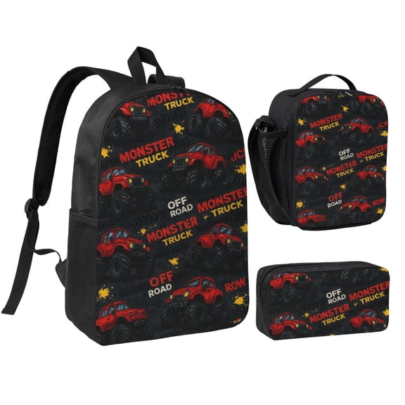 Cute Monster Trucks Backpack Set 3pc ，Backpack with Lunch Bag and Bag 17 Inch