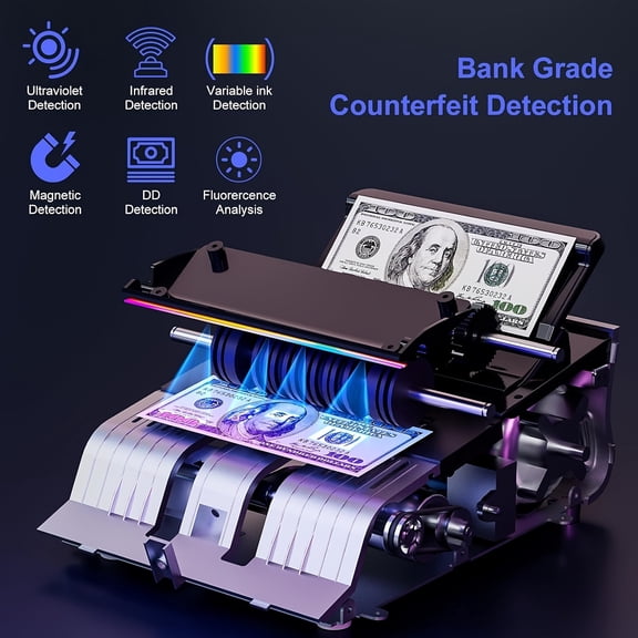 Money Counter Machine, Dollar, Euro Value Count, UV/MG/IR/DD Cash Counterfeit Detection Bill Counter With Extra LCD Display, Add And Batch Modes, Cash Counter Machine