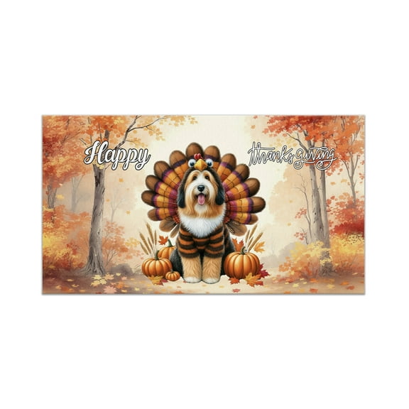 Happy Thanksgiving Old English Sheepdog Turkey Costume Pumpkins Autumn Leaves Doormat Dog Lover Indoor Outdoor Welcome Mat - 130144