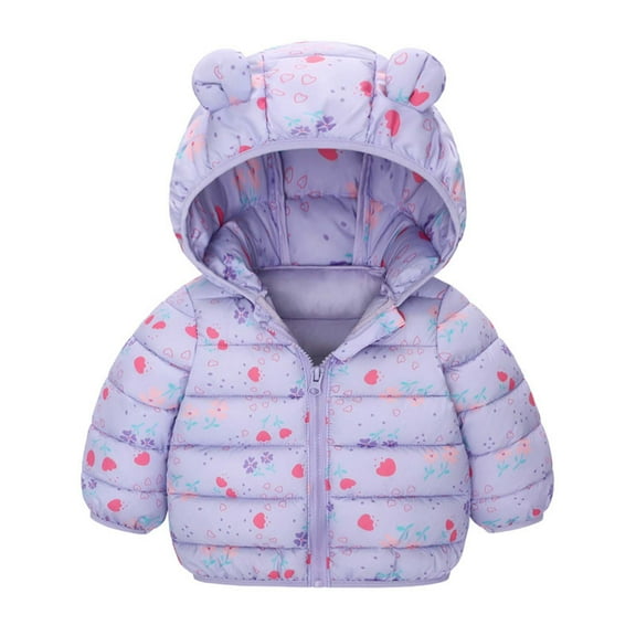 IVEYRTF Kids Hooded Zipper Jacket with Bear Ears Print Warm Fall and Winter Outerwear for Boys and Girls Soft Breathable Lined Coat for Daily Outdoor Activities(Purple,6 Months)