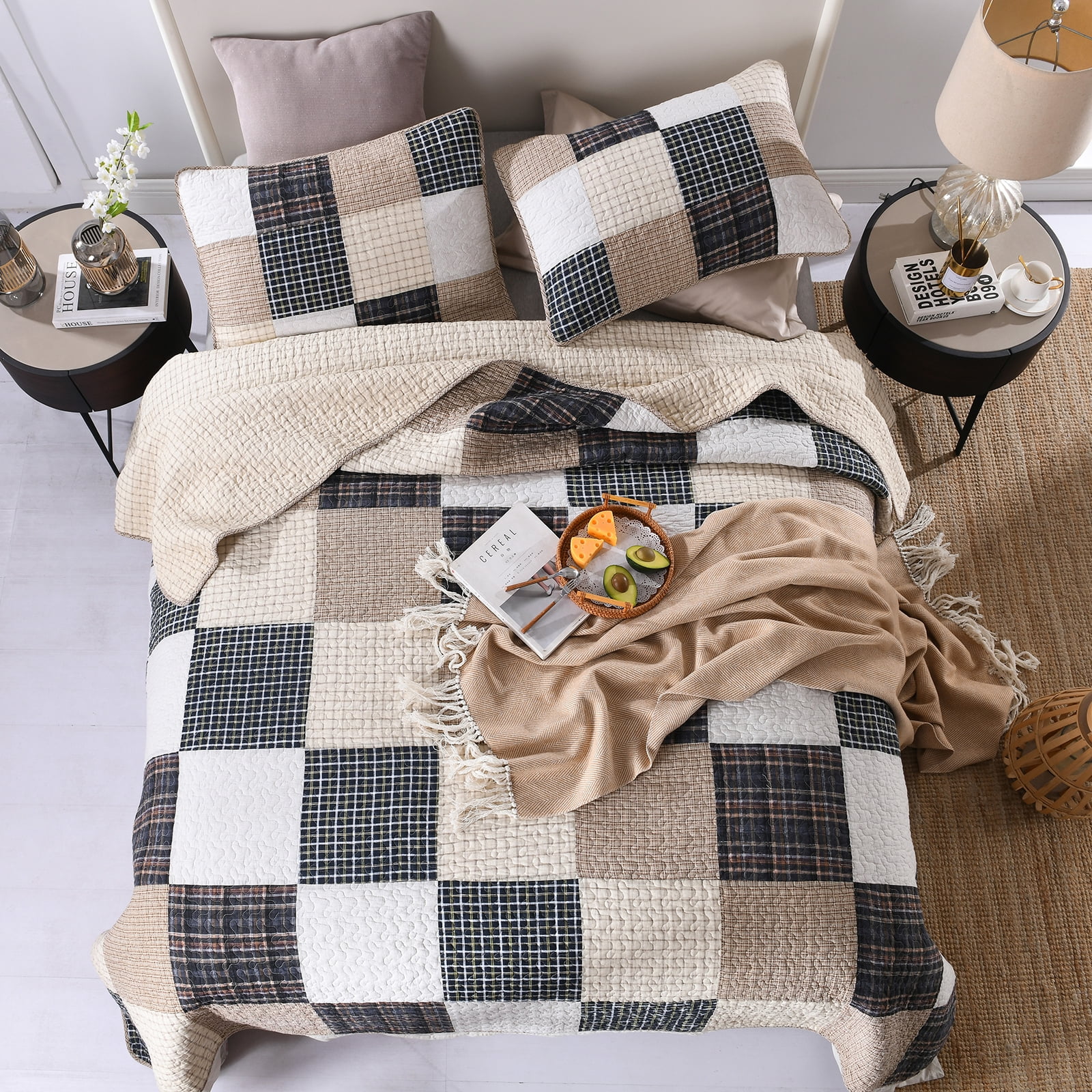 DDUOXIN Real Patchwork Plaid Cotton Quilt - 100% Cotton King Size Quilt, Lightweight Brown Black Beige Rustic Quilts Bedspread for King Bed, Neutral Reversible Coverlet/Comforter Set, 3 Piece, 98x106