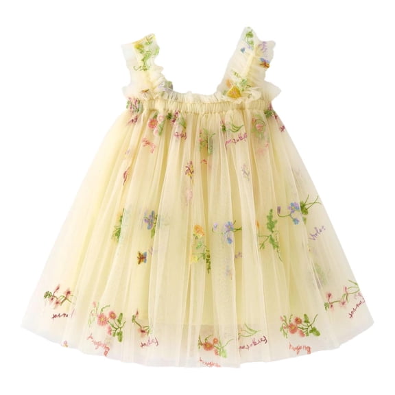 Vdoaml Toddler Sleeveless Princess Dress Little Girls Spaghetti Strap Tulle Sundress Kids Floral Flowy Skirt 18-24 Months Yellow