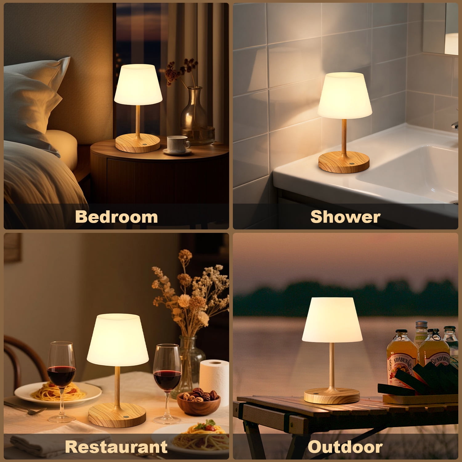 Walchoice Cordless Table Lamp Rechargeable, Outdoor Operated Shower Lamp Waterproof, Touch Dimmable Desk Lamp for Bedroom Patio Restaurant Home - Wood Grain