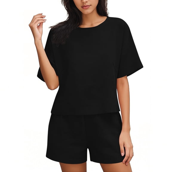 Fashion Women's Casual Solid Short Sleeve Pocket Short Pants Ladies Pants Set