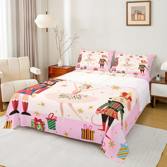 Manfei Christmas Nutcracker Twin Sheet Sets for Kid, Dreamy Princess Fairy Twin Fitted Sheet, Xmas Tree Gift Flat Sheet, Breathable Home Decor, 3pcs