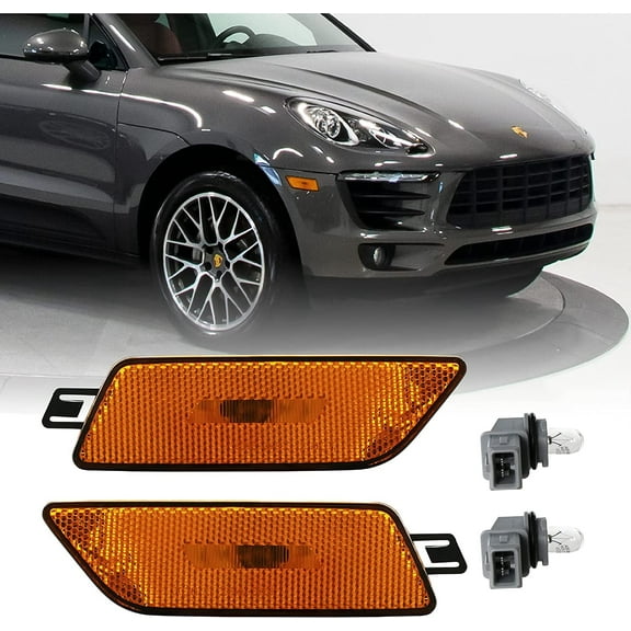 DEPO 14-21 Side Marker Lights - Front Bumper Sidemarkers Lamps Set (Left   Right) Compatible with 2014-2021 Porsche Macan (Euro Style All Clear Lens with Amber Bulbs and Sockets)