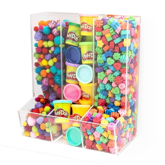 SimplyImagine Acrylic Triple Divided Wall Toy Dispenser, Hanging Organizer and Storage Bin for Childrens Room - 3 Compartment Clear Holder for Blocks, Cars, Trains, Balls, Darts, Snacks and More