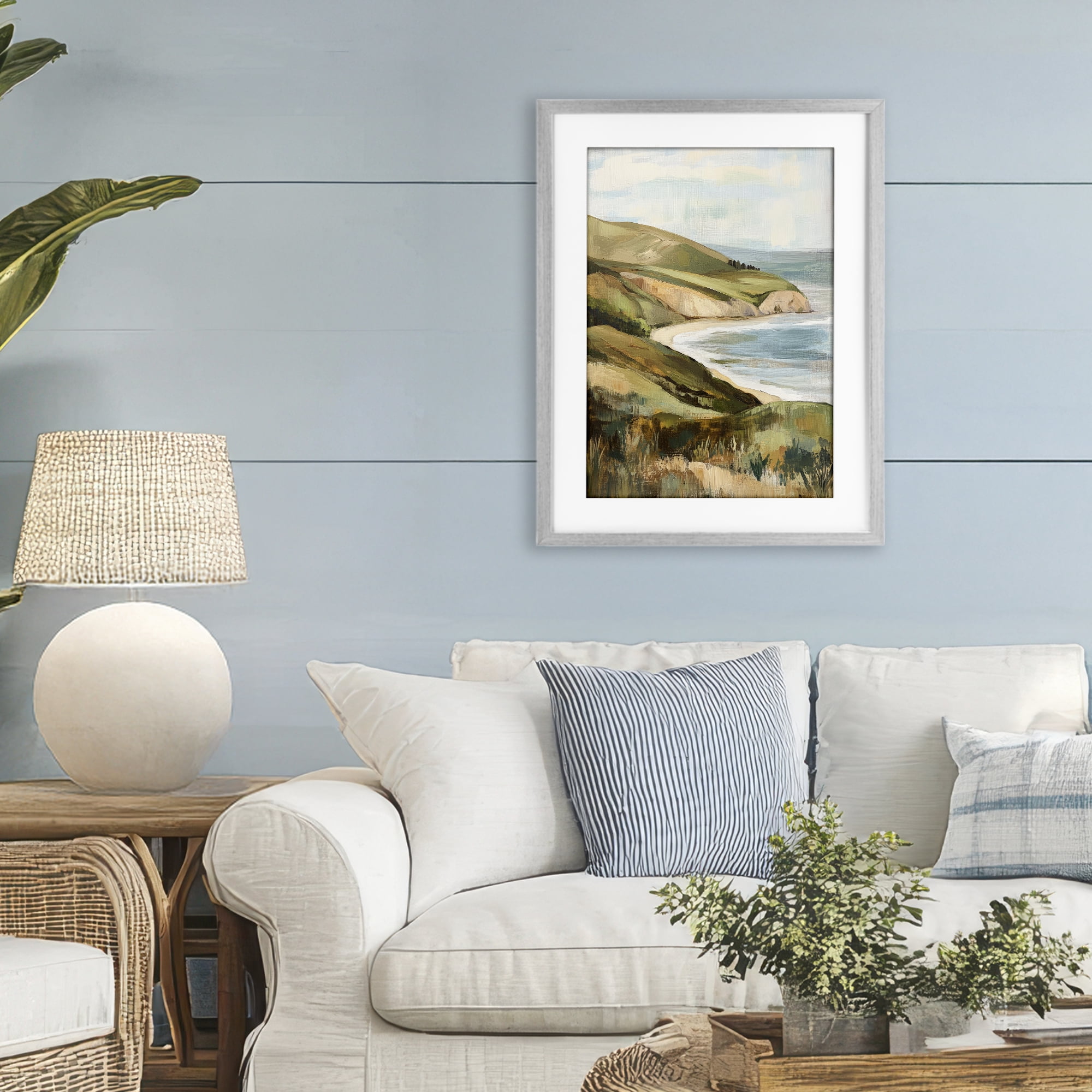Stupell Industries Painted Cliffside By The Sea Gray Framed Print Under Glass, design by Petal Prints Design