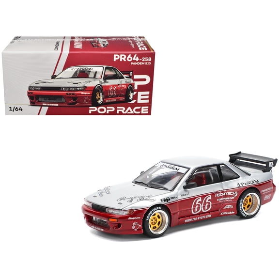 Nissan Pandem S13 RHD (Right Hand Drive) #66 "Moontech" Silver and Red Metallic 1/64 Diecast Model Car by Pop Race
