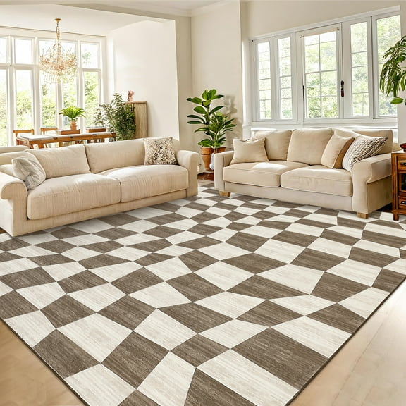Garvee 5'x7' Modern Geometric Area Rug Washable Rug, Non-Slip Contemporary Plaid Printed Accent Rugs for Living Room Bedroom Home Office, Brown