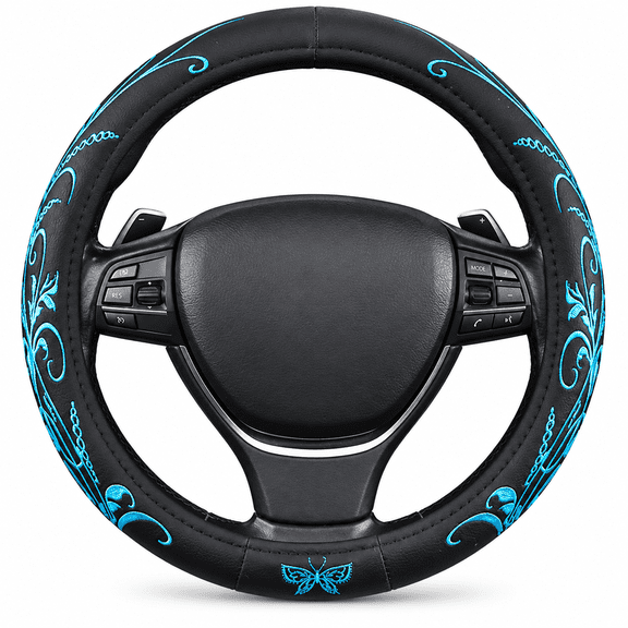 CALVORA Car Leather Steering Wheel Cover - Material, Universal 14.5-15 Inch Leather Anti-Slip Breathable Auto Steering Wheel Covers for Men Women (Embroidery-Blue)