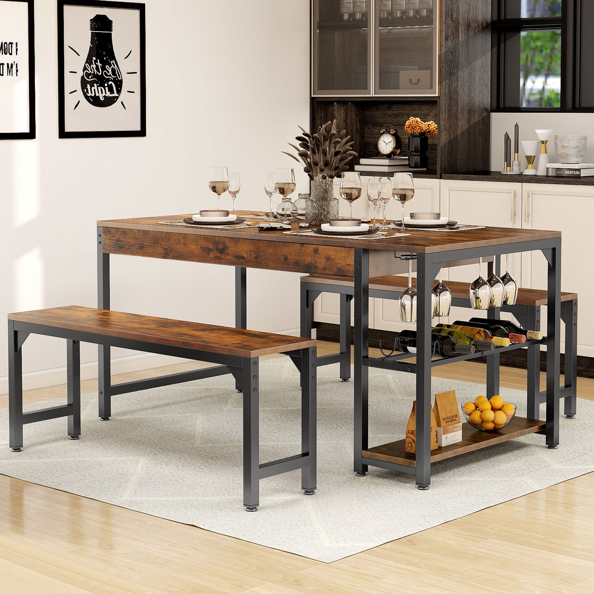 Dextrus 63in Dining Table Set, 3 Piece Dining Room Table Set for 4-8, Kitchen Dining Table with 2 Long Bench, Storage, Wine Glass Holder, Space-Saving Table Set for Kitchen, Dining Room, Restaurant