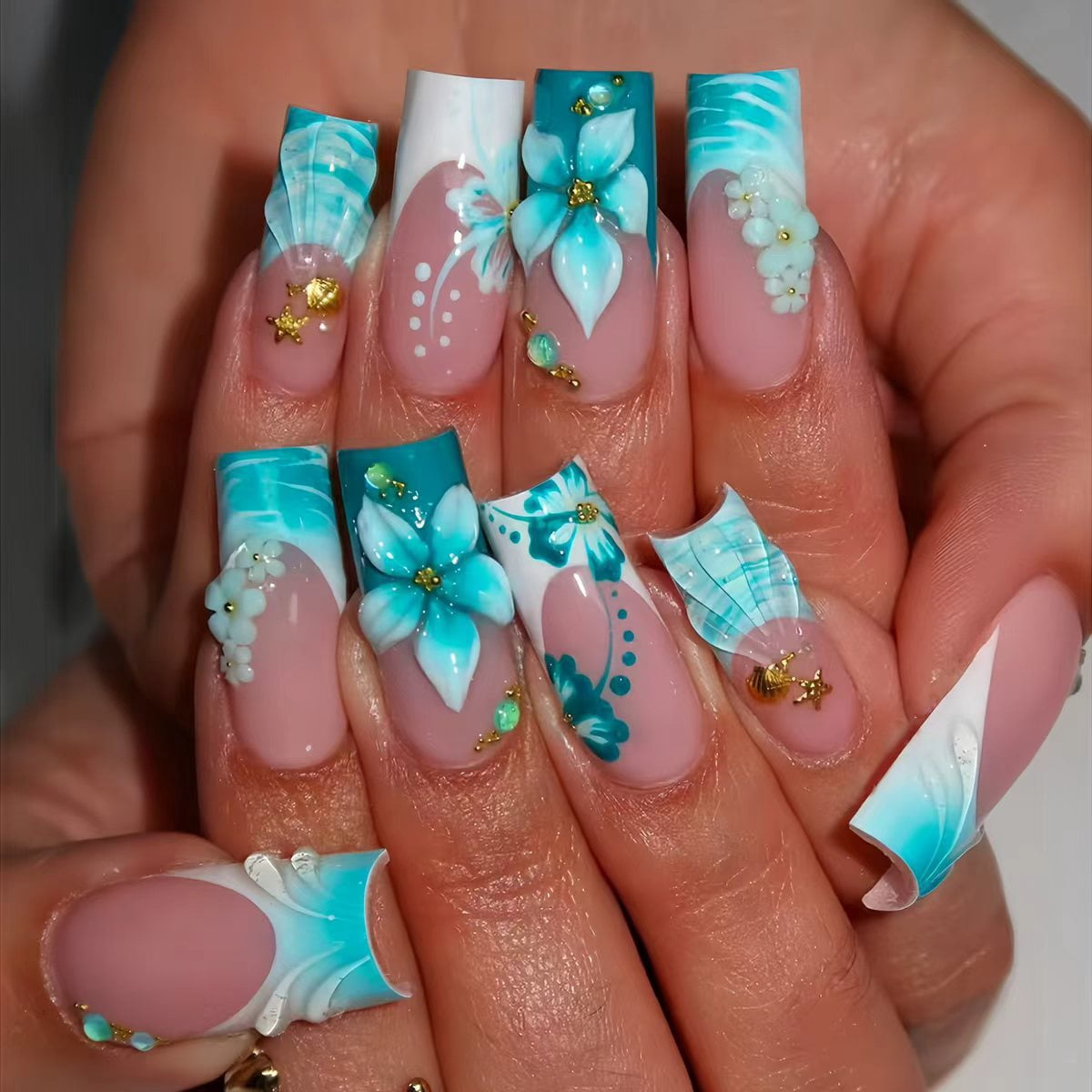Cross-border hot sale square fake nails pure want to break diamonds flower three-dimensional water ripple design wearing nail piece finished product wholesale