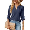 thumbnail image 2 of MOMOFEEL Long Sleeve Shirts for Women 3/4 Sleeve Loose Blouses V-neck Tunic Tops Summer (M9007 Dark Blue S), 2 of 9
