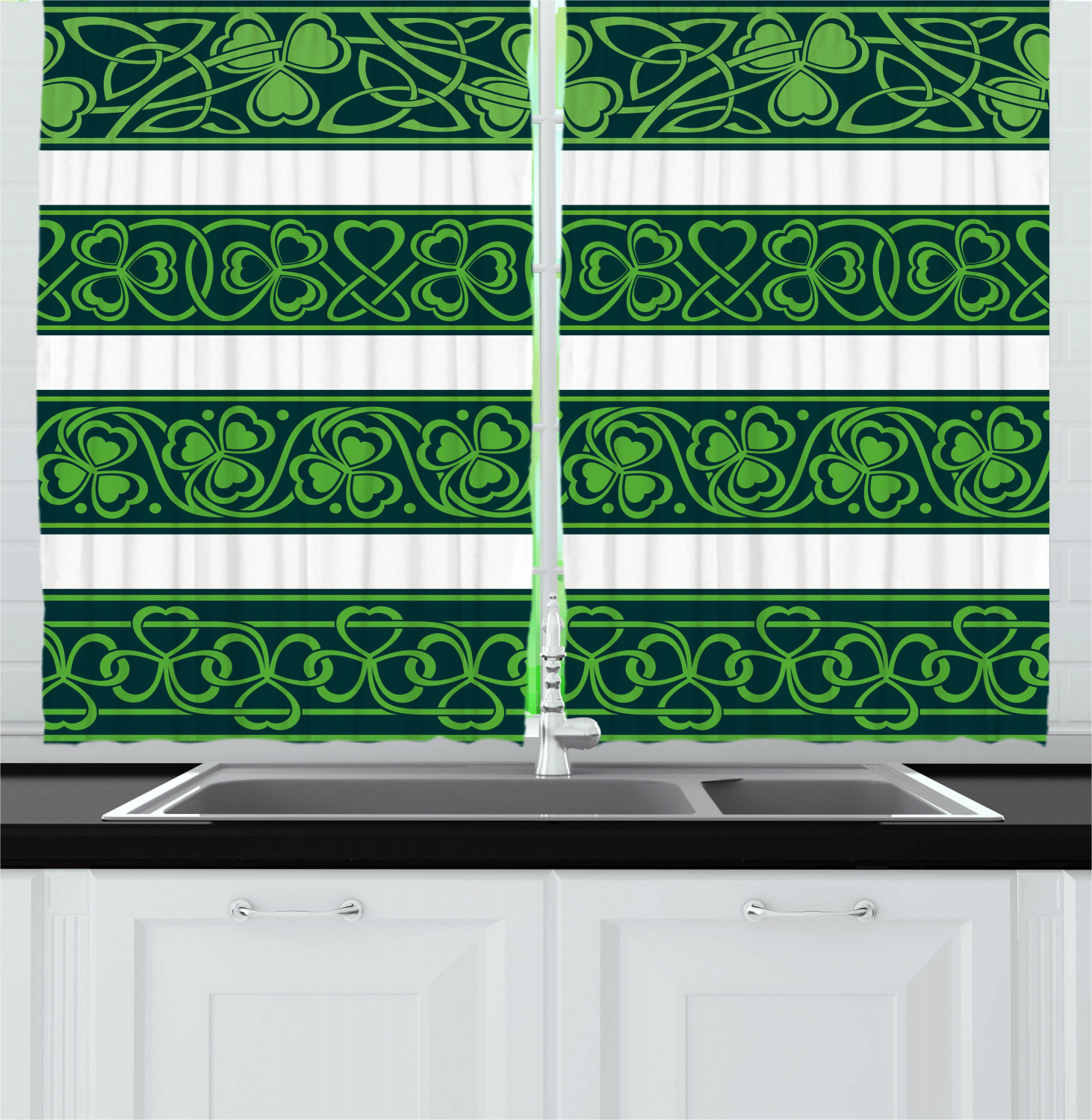 Irish Curtains 2 Panels Set, Set of Four Shamrock Borders Gaelic Nature