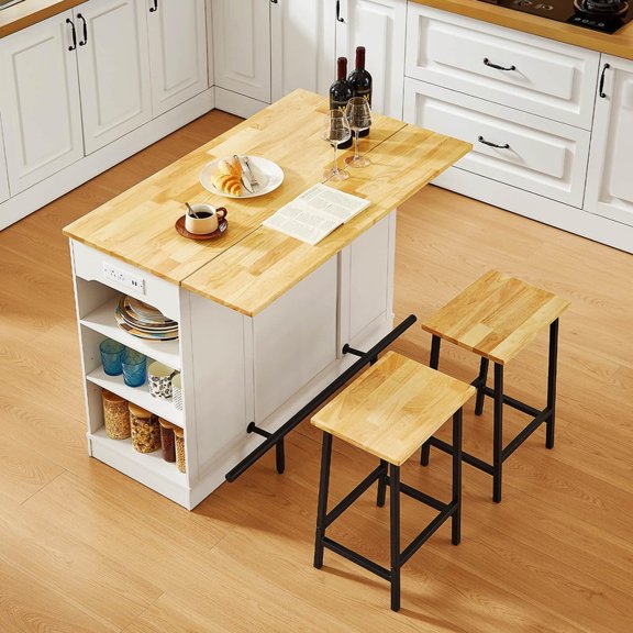 ROGALIS 47"Kitchen Island with 2 Chair, Stationary Island Table with Power Outlet, USB Ports, Spice Rack, Trash Cabinet, and Foldable Drop Leaf for Home Bar or Dining Room,White