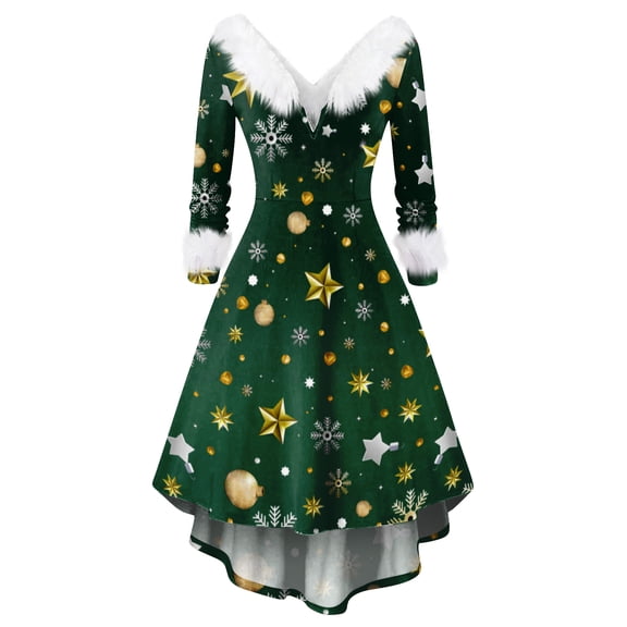 Women's Christmas Party Printed Vintage Midi Casual Cocktail Festive Dress for Holiday Celebration and Party Events with Retro Style,Green,3XL