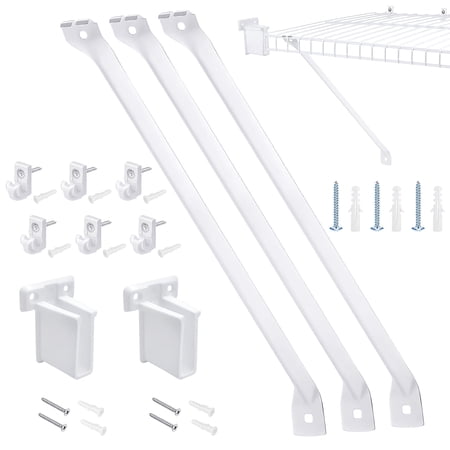 3 Packs 17.7''/45 CM Wire Metal Shelf Brackets Rod, Heavy Duty Shelf Support Bracket Kit with 6 Wall Clips & 2 End Rack & Screws for Closet Wardrobe Cabinet RV Installation White
