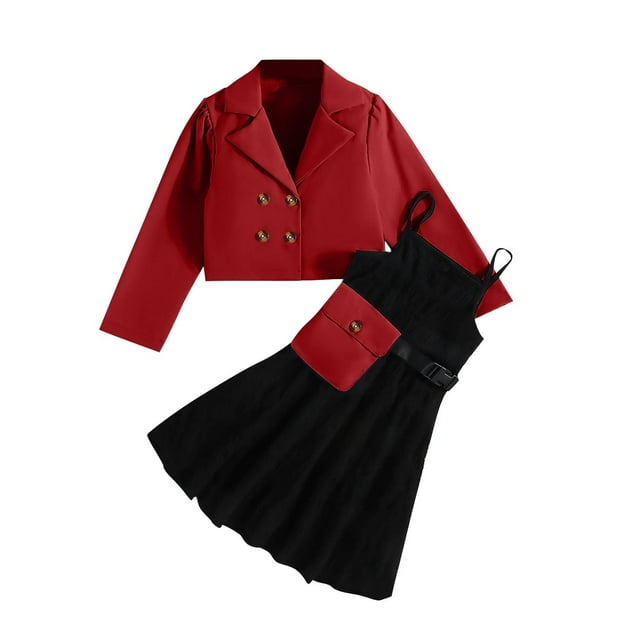 Odeerbi 6-14 Años Niñas Trajes de Verano de Algodón Slip Vestido de Solapa Con Muescas Blazer Chaqueta Con Bolsa de Tres Piezas Vestido Conjunto