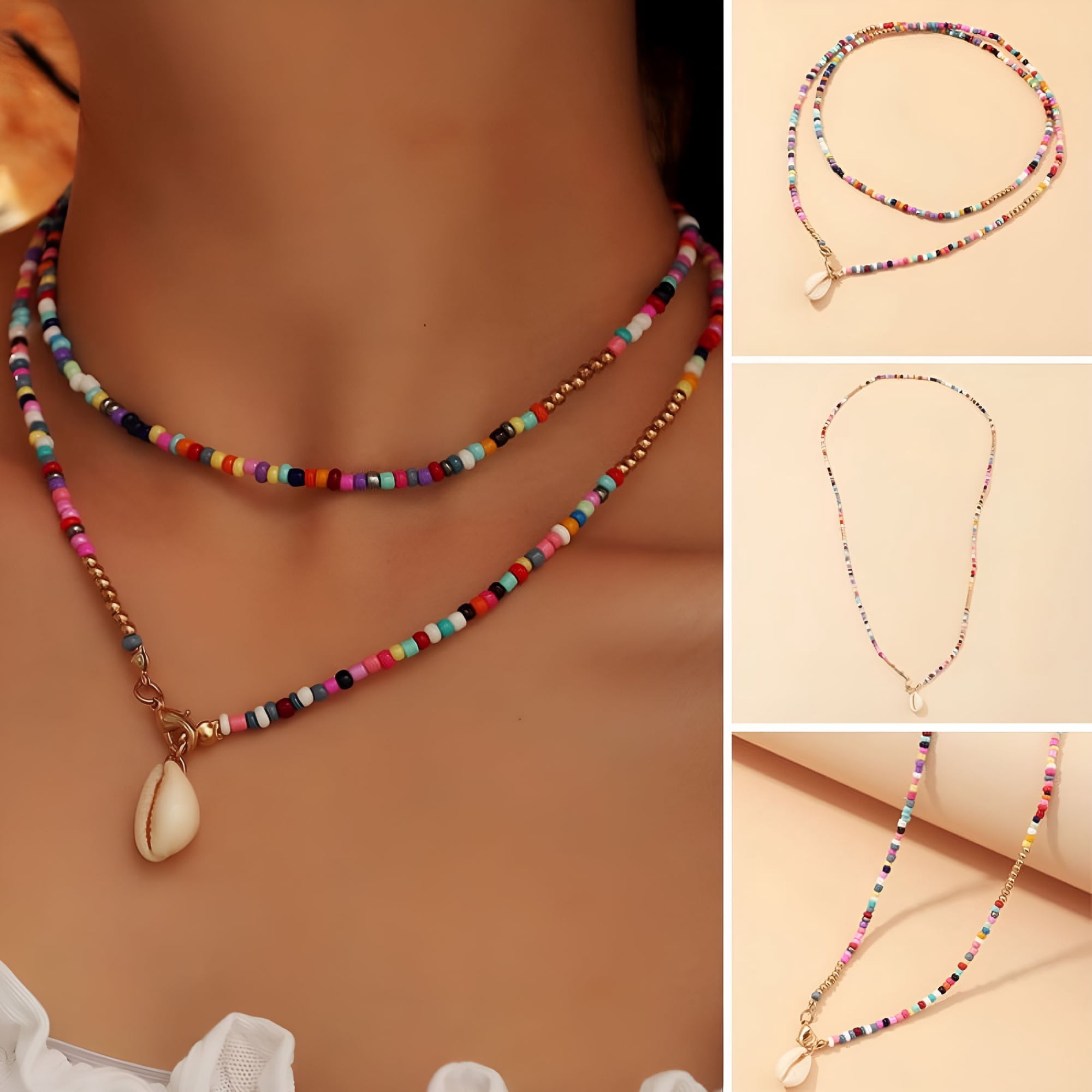 DESIGNICE 2026 New Colorful Boho Bead Necklace Personalized Fashion Shell Clavicle Chain Charming Jewelry Gift for Women, for Casual Wear, Beach Trips, Summer Festivals, Holiday Gifts, Boho Outfits.