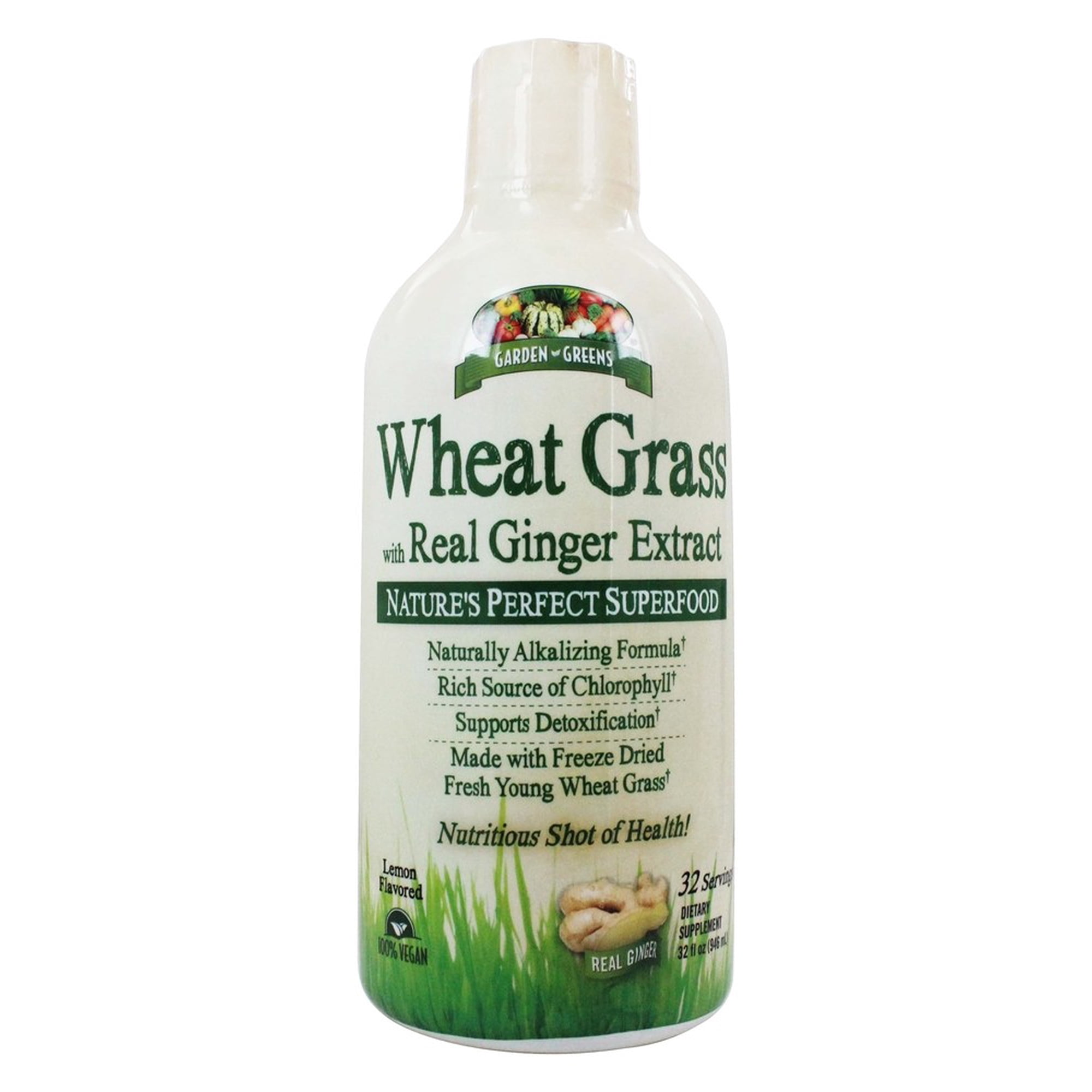 Garden Greens Wheat Grass Liquid with Real Ginger Extract, Nature's Perfect Superfood, 32 servings