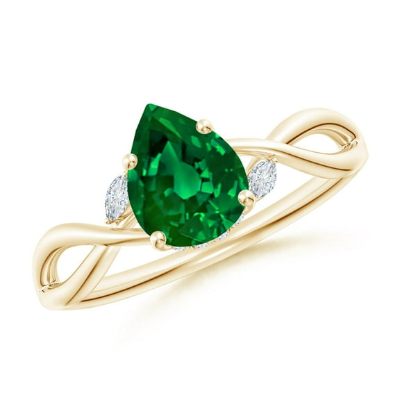 ANGARA Lab Grown Nature-Inspired Pear Emerald Hidden Halo Engagement Ring for Women in 14K Yellow Gold (Size-8x6mm) | May Birthstone, Anniversary, Jewelry Gift for Women | Lab-Grown Emerald Ring