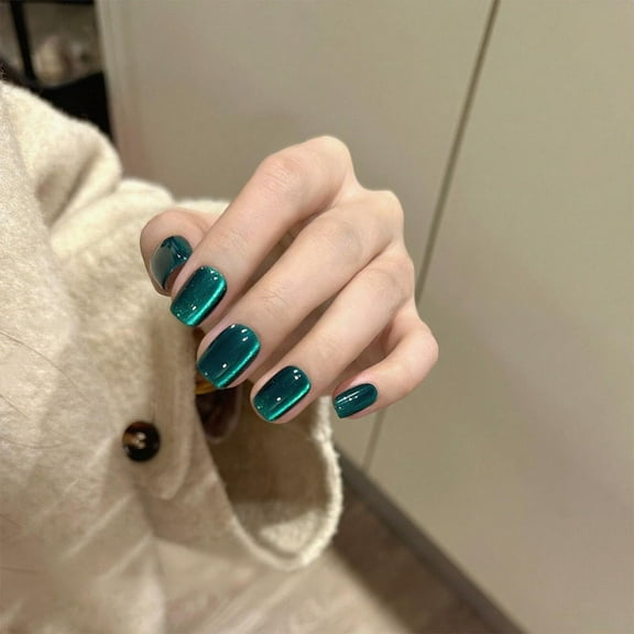 Cat Eye Press On Nails Medium Length Dark Teal 24 Pieces Salon Quality Reusable False Nails with Jelly Glue