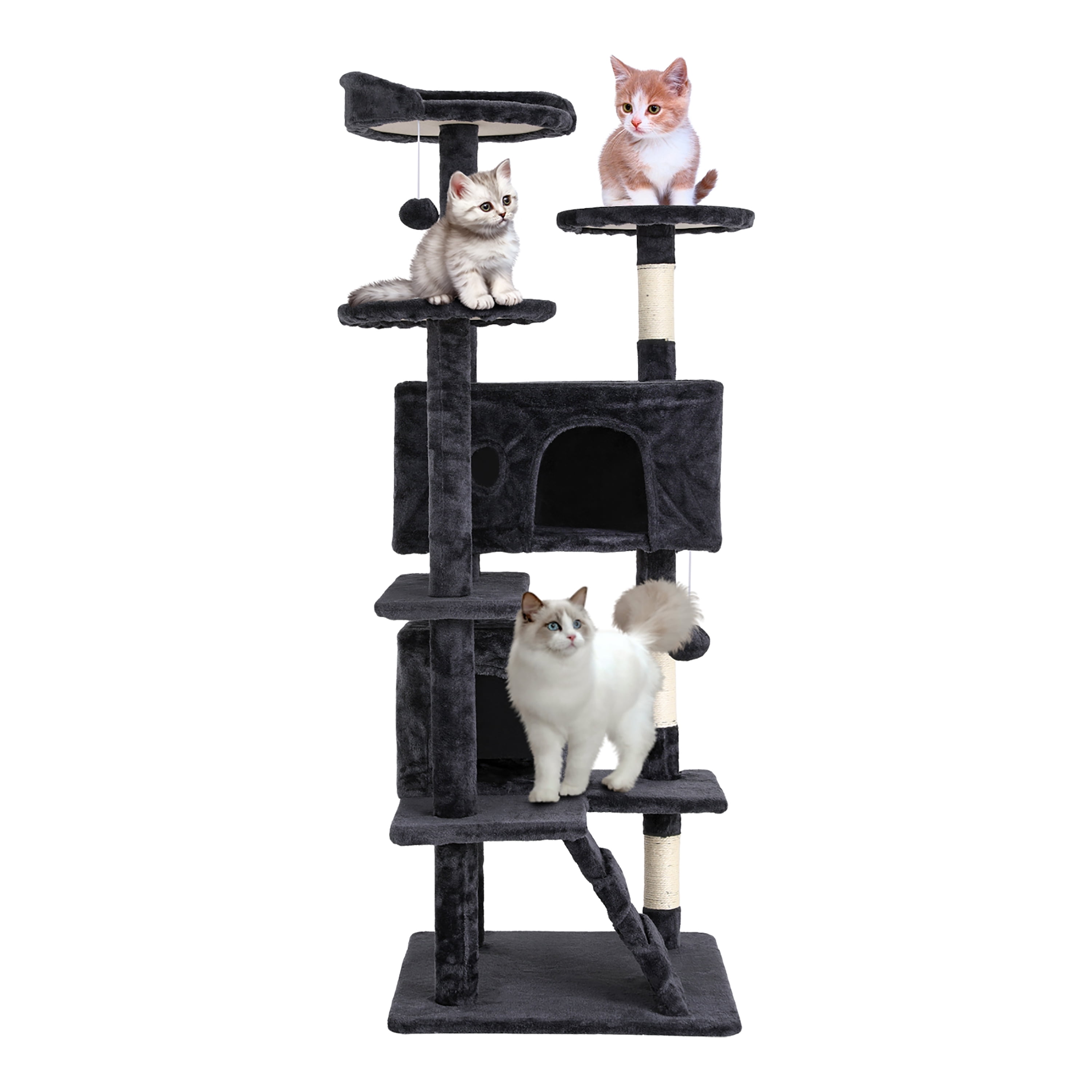 Tabby Indoor Upholstered Faux-Fur Wood Dark Gray Cat Condo Tree Tower for Pet Room