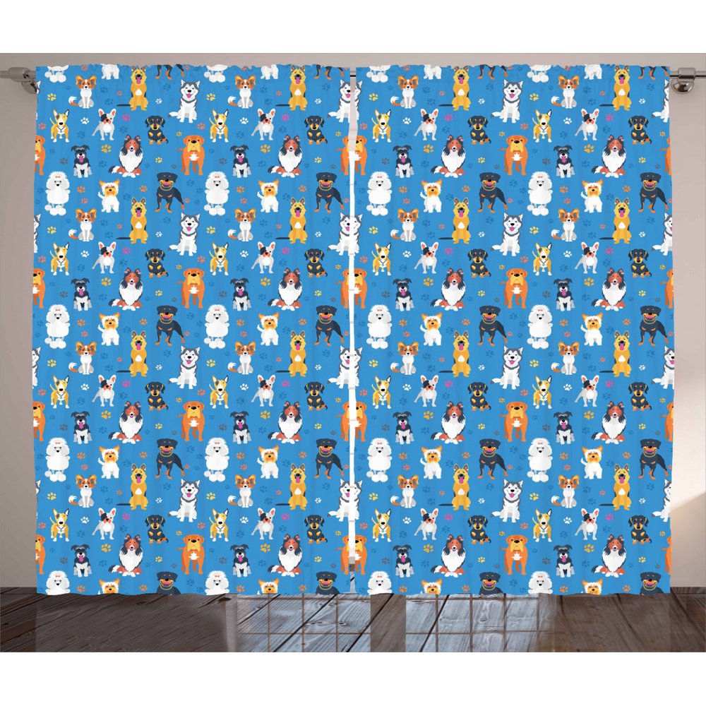 Dogs Curtains 2 Panels Set, Canine Puppy Joyful Pets Composition with