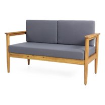 Benjara Gavie Outdoor Loveseat- Teak Brown Acacia Wood- Gray Fabric 53 Inch