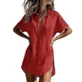 thumbnail image 4 of dazeni Womens Button Down Shirts Lapel Short Sleeve Shirts Dress Lightweight Casual Long Tunic Tops Pocketed T Shirts for Travel Beach Vacation Red L, 4 of 7