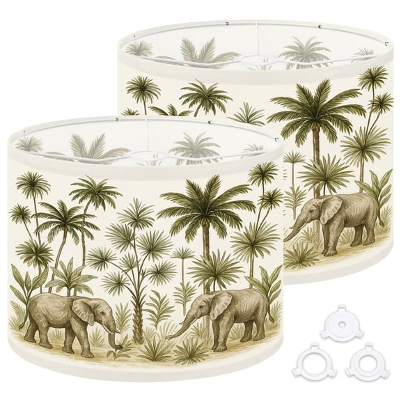 Lamp Shades Set of 2 Easy Assembly Beautiful tropical vintage palm trees floral elephant white Drum Lampshades for Table Lamps Floor Lamps Pendant Light 13"x13"x10" Replacement Lamp Shade