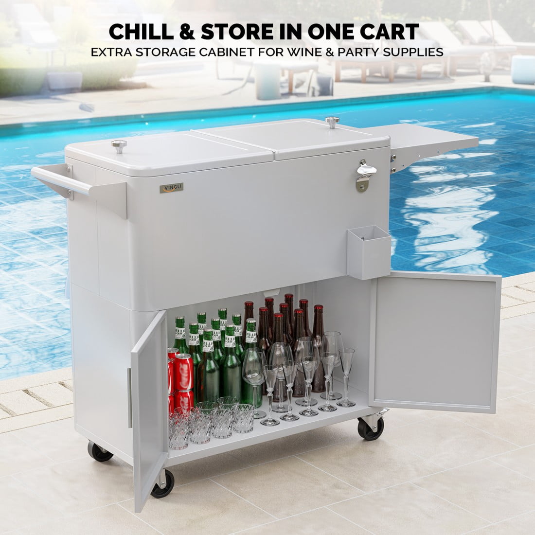 Hassch 80QT Rolling Cooler w/ Storage Cabinet & Foldable Side Panel, Outdoor Warm & Cooling Party Cart with Lockable Wheels, Bottle Opener & Drain Hole, for BBQ, Backyard, Poolside, Light Gray