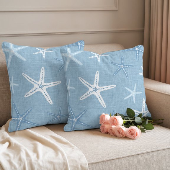 Outdoor Pillow Covers,Coastal Blue Starfish Decorative Throw Pillow Cover Waterproof Pillowcase Set of 2,Linen Cushion Case for Sofa Couch Bed 18x18 Inch,Summer Beach White Starfishs