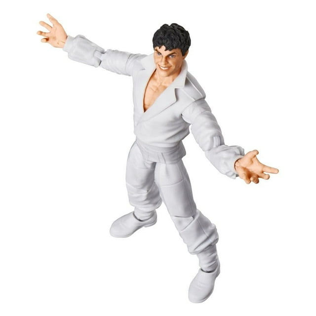 figura de acción marvel legends series beyonder de 15 cm con escudo, figura coleccionable de 15 cm (6 in) con traje blanco estilo cómic y brazos abiertos; silueta humana articulada, manos color piel y rostro con cabello negro rizado, fondo neutro blanco para exhibición; adecuada para coleccionistas y juegos de rol.
