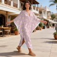 thumbnail image 4 of Xixirimido Daisy Grids Pink Print Women Kaftan Dresses Plus Size Beach Cover Up Deep V-Neck Batwing Sleeves Swimsuit Coverups Summer Caftan Dress, 4 of 7