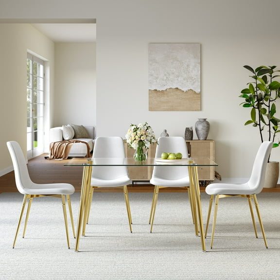 5-Piece 51" Rectangular Glass Dining Table, Clear Tempered Glass Table & 4 Velvet Chairs with Metal Legs for Kitchen, Meeting Room