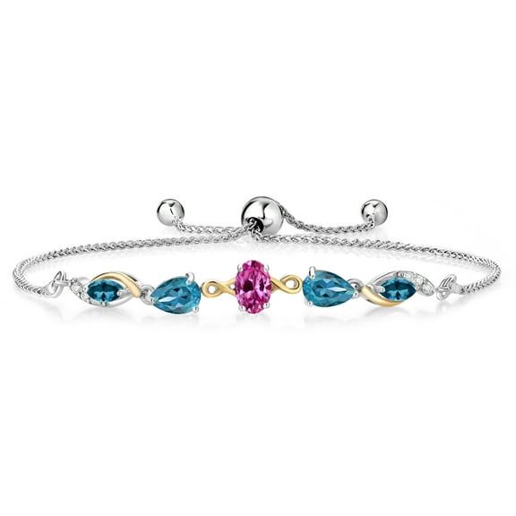 Gem Stone King 925 Silver and 10K Yellow Gold Pink Created Sapphire and London Blue Topaz and Lab Grown Diamond Tennis Bracelet for Women By Keren Hanan (1.70 cttw, Adjustable up To 9 inch)