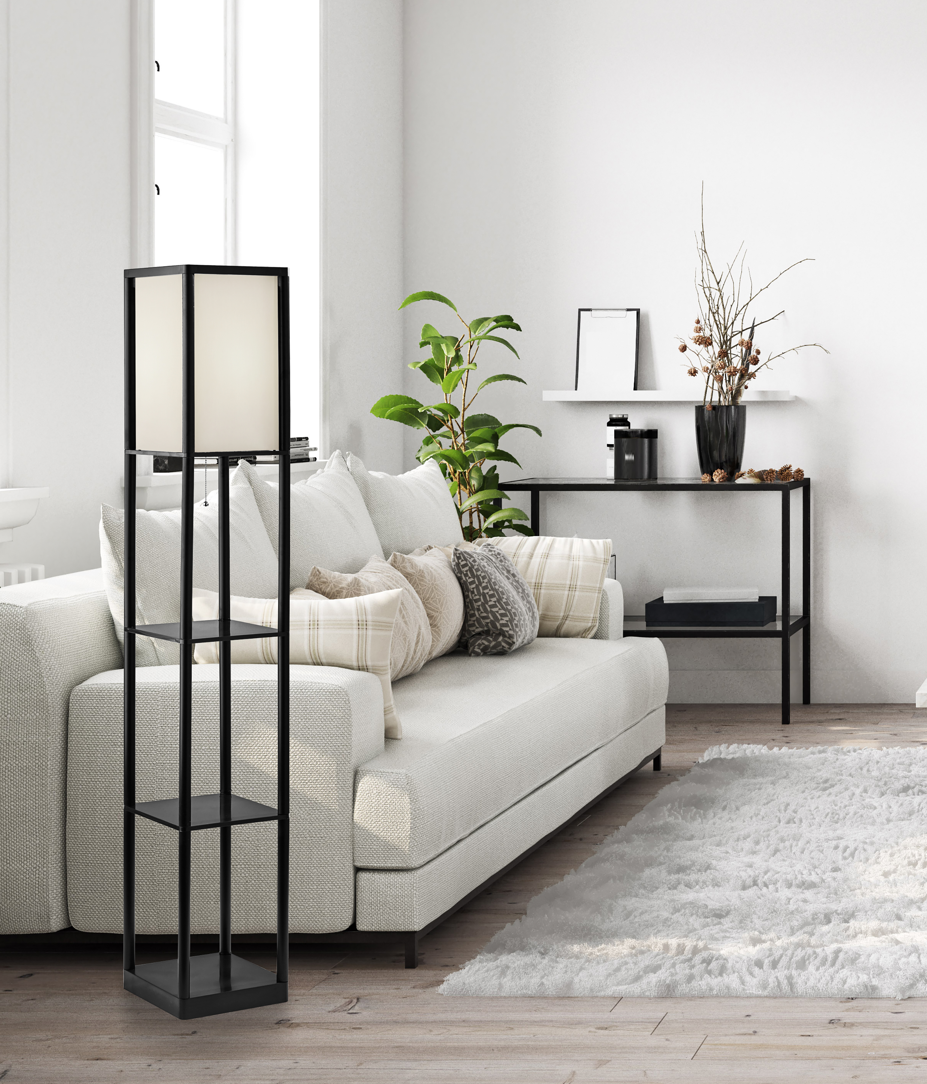 Mainstays 62-Inch Floor Lamp with Shelves, Black photo 3